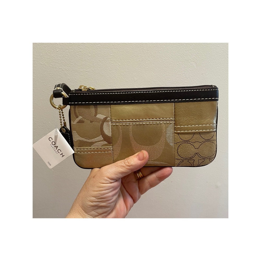 Coach Wristlet NWT F40251 Patchwork Metallic Gold Brown Leather